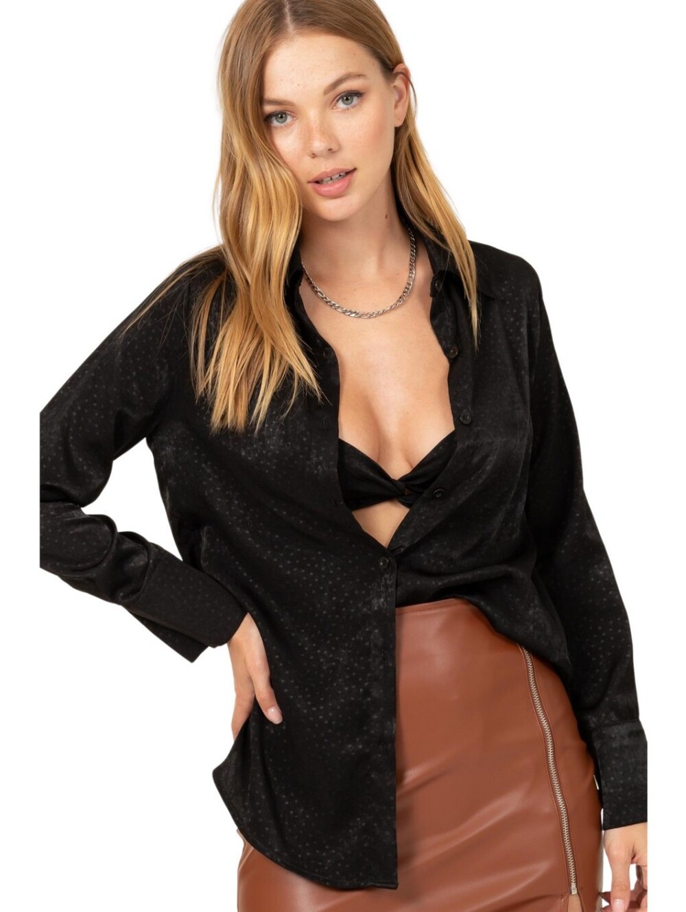 HYFVE Women’s Black Satin Button-Up Long Sleeve Blouse Size L Tunic Top Cuffed